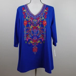 Calessa Embroidered Tunic Top Women's Size L Blue Loose Fit V-Neck - Picture 1 of 8