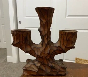 Hand Carved Primitive Wood Candleabrea 10" x 10" x 3" - Picture 1 of 10