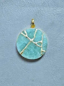 Aquamarine Kintsugi Necklace Japanese Art Handmade Jewelry Gold Plated Chain - Picture 1 of 8