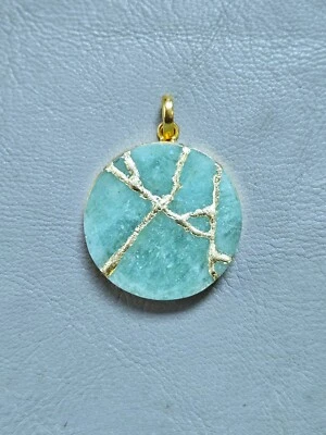 Aquamarine  Kintsugi Necklace Japanese Art Handmade Jewelry Gold Plated Chain - Image 1 of 4
