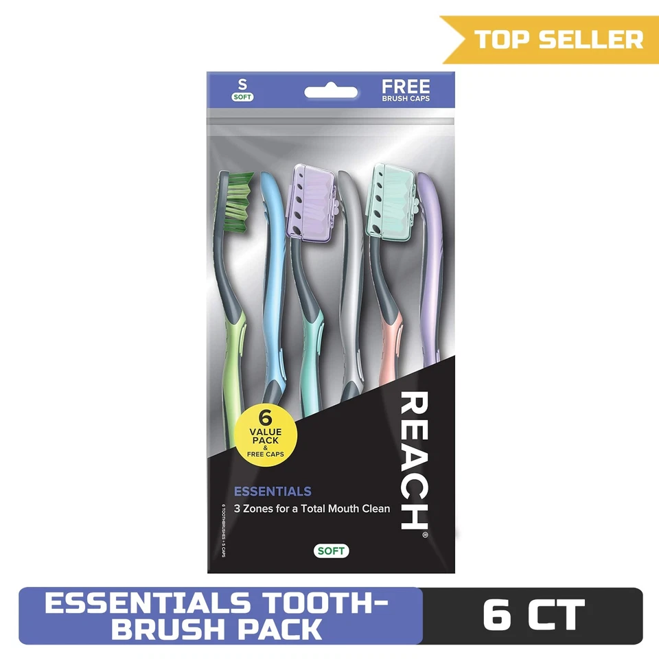 Cepillo de dientes Reach Essentials con tapas, 6 unidades Foto 1 de 4