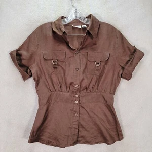 Vtg 90s Brown Linen Collar Button Buckle Cargo Blouse Womens Top FLAW Size 8P - Picture 1 of 20