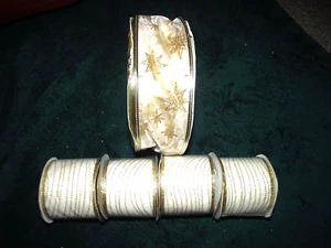 5 Rolls of Wired Ribbon Ivory & Gold Glittery 2 Designs ~ 1-100 Feet & 4 - 9' Ea - Picture 1 of 4
