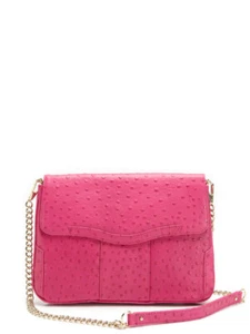 NWT Rebecca Minkoff Double Gusset Beau Crossbody Ostrich Leather Hot Pink Purse - Picture 1 of 7