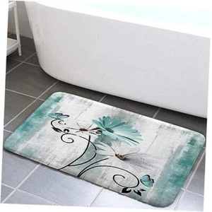 Rustic Farmhouse Bath Mat, Farm Teal Daisy Floral Flowers Butterfly Country - Picture 1 of 8