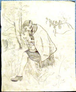 1930's WOMAN CROCHETS DOILY - drawing by u/k Russian artist - Picture 1 of 2