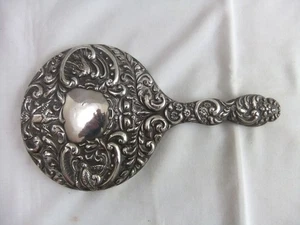 Antiker massiver geprägter Handspiegel mit Silberrücken Cherubs Vögel Gesicht & Blumen - Bild 1 von 10