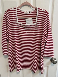 Quacker Factory XL Red White Stripe Square Neck 3/4 Sleeve Beads Studs New - Picture 1 of 13