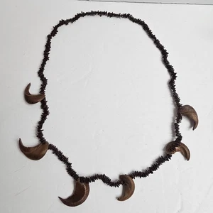 Vintage Tribal Holz Halskette Rocailles gebogen Talon Anhänger Schmuck - Bild 1 von 5