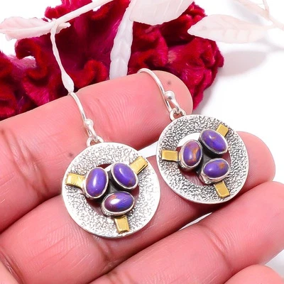 Copper Purple Turquoise 925 Sterling Silver Two Tone Earring 1.56" E83614 - Image 1 of 4