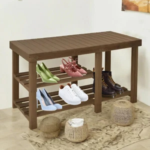 Shoe Rack Bench 3-Tier Soild Wooden Entryway Storage Organizer Shelf Brown - Picture 1 of 6