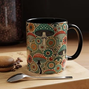 Retro Pilz und Blume Tasse, skurriles psychedelisches Kunstgeschenk, einzigartige Kaffeetasse - Bild 1 von 7