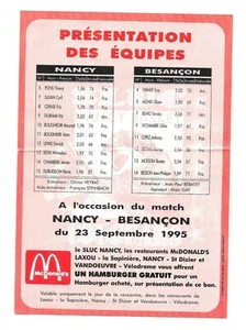 Feuille de match SLUC  Nancy - Besançon - 23 septembre 1995 - Picture 1 of 2