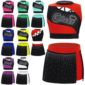 Kids Girls Cheerleading Uniform Shiny Crop Top with Skirt Set Cheer Fancy AU - Picture 1 of 90