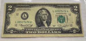 1976 2-Dollar Bill, L Series w/ low serial number; crisp and barely circulated - Picture 1 of 2
