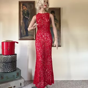 Vintage Y2K Sheer Red Lace Wiggle Prom Dress Sheath Cocktail S - Picture 1 of 7