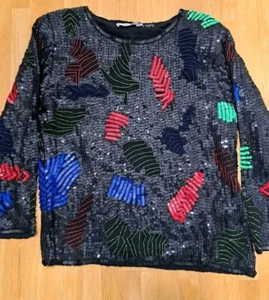 Vintage Carina Black Silk Sequin Top Evening Wear Sparkly Party M Long Sleeves - Picture 1 of 14