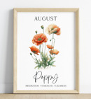 Birth Month Flower Art Print August, Poppy Floral Wall Art Decor, Home Decor