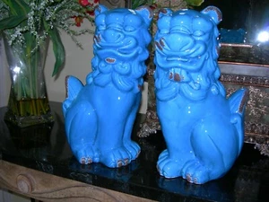 Decorative Pair of Turquoise Blue Glazed Ceramic Chinese Foo Dogs -12" Tall Set - Picture 1 of 9