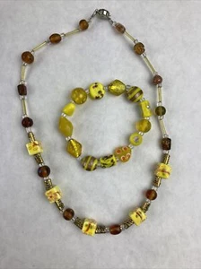 Yellow and Amber Color Floral Painted Glass Bead Handmade Necklace Bracelet Set - Picture 1 of 3