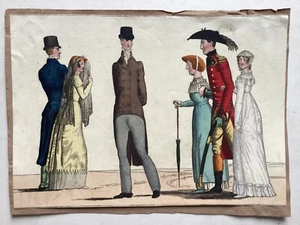19th century fashion engraving of figures out for a walk - Picture 1 of 4