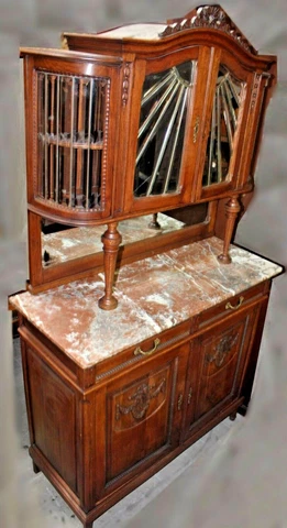 Antique Art Nouveau Oak Buffet with Hutch - Fanned & Beveled Glass, Marble Top Cover