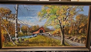 Large Nick Mascaro "Covered Bridg & Landscape Scene" Oil Painting -Signed/Framed - Picture 1 of 6