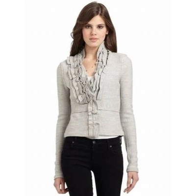 BCBGMaxAzria Gray Ruffle Wool Long Sleeve Cardigan Sweater Size Small - Image 1 of 4
