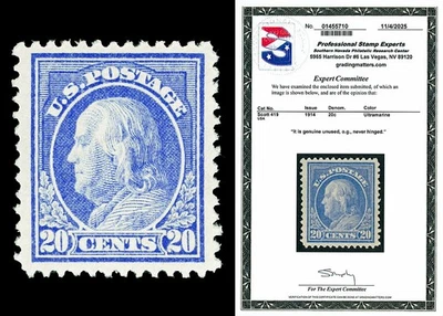 Scott 419 1914 20c Franklin Perf 12 Issue Mint VF OG NH Cat $400 with PSE CERT - Image 1 of 2
