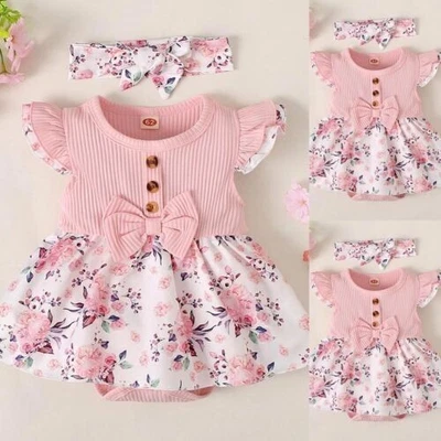 Newborn Baby Girl Floral Bow Romper Bodysuit Dress Headband Clothes Outfits Set - Image 1 of 4