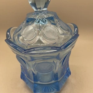 Fostoria Light Blue Glass Coin Pattern Candy Jar With Lid, 6.5” Great Condition! - Picture 1 of 11