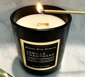 Vanilla Champagne Coconut Soy Blend Candle Crackling Wood Wick. 8 Oz - Picture 1 of 1