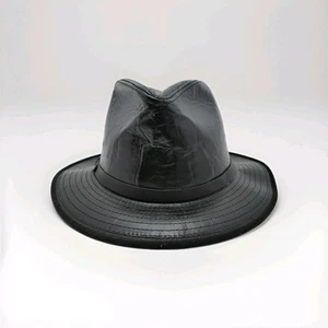 Vintage Bermans Black Leather Fedora Lined In Satin Material Size L 3-4 Or 5-6 - Picture 1 of 5