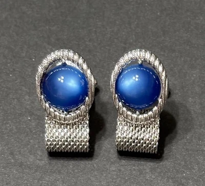 Gemelos Swank Vintage Cabujones Piedra Lunar Azul Tono Plata Malla Envoltura Alrededor Foto 1 de 4
