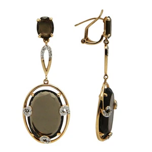 PENDIENTES COLGANTES FINOS DE ORO AMARILLO DE 14K Y CUARZO AHUMADO 15C - Imagen 1 de 1