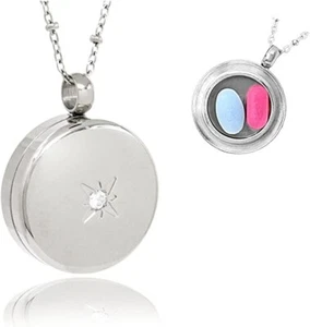 Round Pill Locket Necklace, Secure Waterproof Closure Med Box Jewelry, 26" Chain - Picture 1 of 11