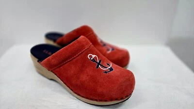 L L Bean Women’s Embroidered Anchor Red Suede Slides Clogs Shoes Size 7 1/2M - Image 1 of 4