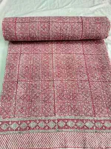 Pretty Pink Cotton Kantha Hand Block Print Handmade Bedspread Blanket King Size - Picture 1 of 4