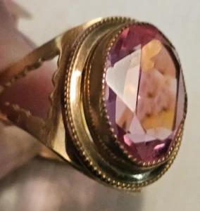 Antiker Ring 3/4" rosa Glas 1/20 12K Gold gefüllt verstellbar Größe 8 unten - Bild 1 von 17