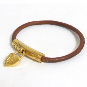 Auth Vintage HERMES Viviride Heart Cadena Charm Bracelet Brown Leather Goldtone - Picture 1 of 24