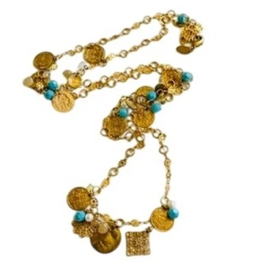 VTG Liz Palacios San Francisco necklace charm pearl turquoise coin Signed gold - Image 1 of 4