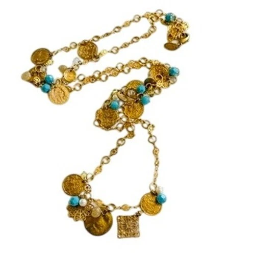 VTG Liz Palacios San Francisco necklace charm pearl turquoise coin Signed gold - Image 1 of 4