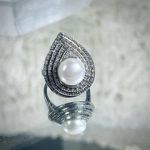 Diamond Tiered Genuine Pearl Sterling Statement Cocktail EA Signed Ring Sz 8.75 - Picture 1 of 10