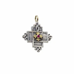 Gerochristo Byzantine Cross Pendant Solid Gold 18K & Sterling Silver - Picture 1 of 3
