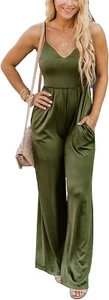 Women's Casual Spaghetti Strap V Neck Jumpsuit Wide Leg Long Pants Romper Pocket - Picture 1 of 7