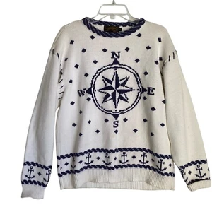 Vintage Eddie Bauer Womens Knit Sweater L White Nautical Anchor Compass Grunge - Picture 1 of 5