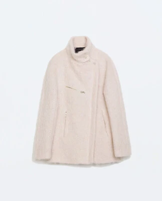 ZARA Boucle Alpaca Mohair Wool Zipped Asymmetric Jacket Coat Pink Size L - Image 1 of 4