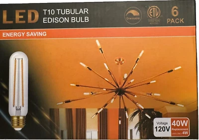 [6 Pack] Edison LED T10 Bulbs 4W Dimmable 40W Equivalent 120V E26 5000K - Image 1 of 3