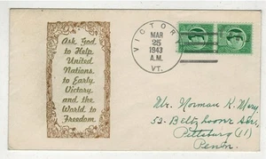 WW2 Patriotic 1943 SCARCE LINTO CACHET VICTORY VT ASK GOD TO HELP UNITED NATIONS - Picture 1 of 2