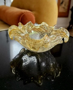 Murano Gold Fleck Bullicante Controlled Bubble Bowl 7"x3" - Picture 1 of 9